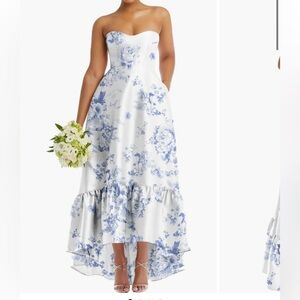 NWT Alfred Sung Strapless Floral Ruffle High-Low
Gown Cottage Rose-Larkspur